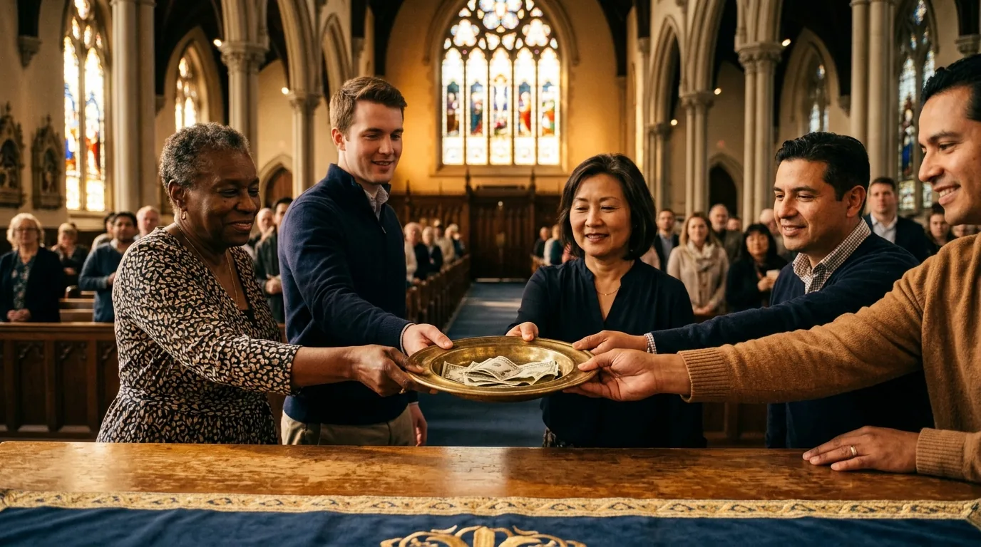 Unidos en la ofrenda — manos compartiendo el plato de ofrenda en la Iglesia Restauración En Cristo